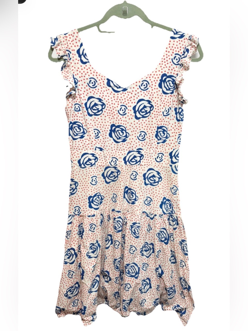 Mata Traders Cream Dress with Blue Rose and Coral Polka Dot Print